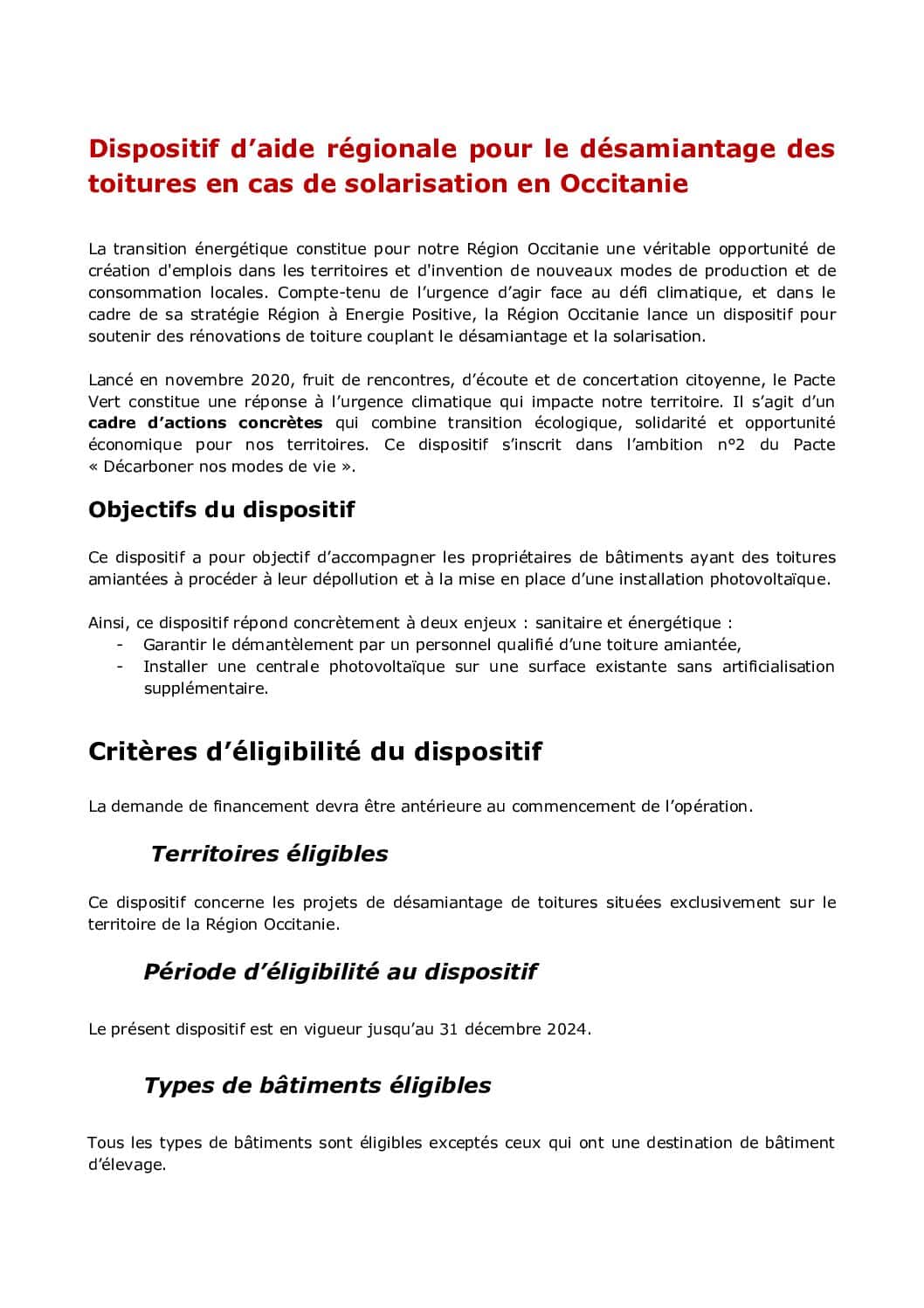 Exemple de Dispositif d’aide régionale pour le désamiantage des toitures en cas de solarisation en Occitanie